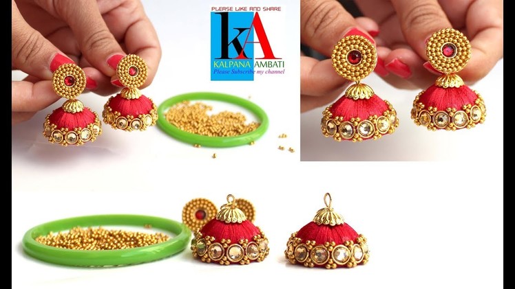 Making of Silk Thread Earrings with Gold Kundans. gold balls silk thread jhumkas