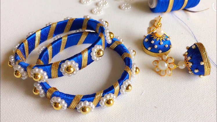 Making silk thread designer bangles and jhumkas||  silk thread pearl bangles ||gota style bangles