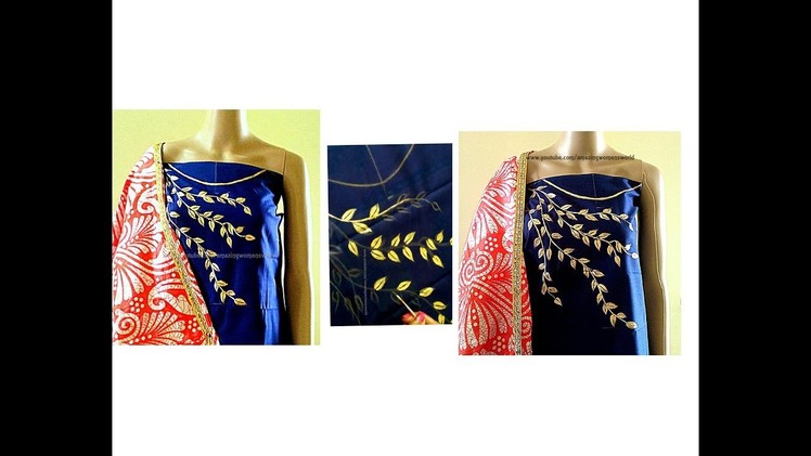 New gold painting design on KURTI. CHURIDAR - DIY | Free hand fabric painting
