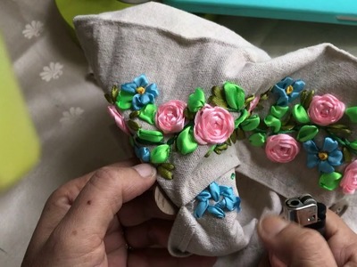 Ribbon Embroidery on tissue box holder part 3
