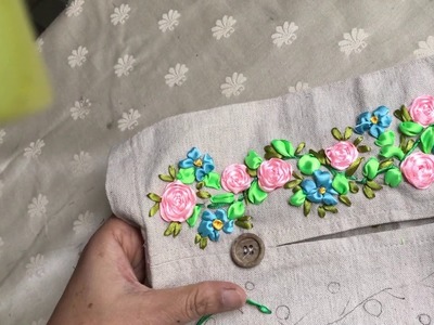 Ribbon Embroidery on tissue box holder part 1