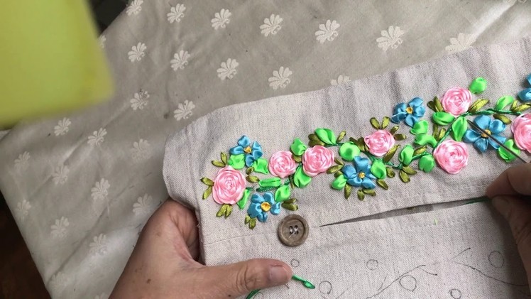Ribbon Embroidery on tissue box holder part 1