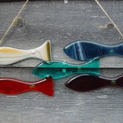 5 fish set fused glass bright colours.Hang anywhere bathroom, shed, outside consevatory etc. in fused glass, MADE TO ORDER