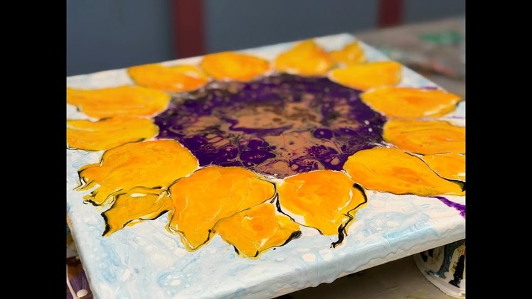 Acrylic Pour Painting: Easy To Do Sunflower Puddle Pour Flower Series