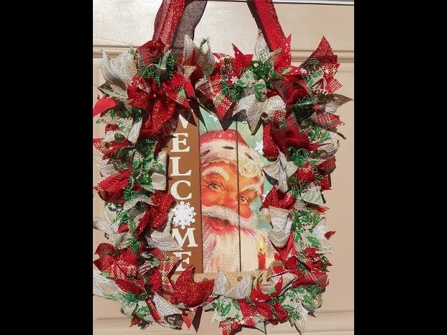 DIY CHRISTMAS SCRAP WREATH WELCOME SIGN USING DOLLAR TREE RIBBON AND PICTURE FRAME