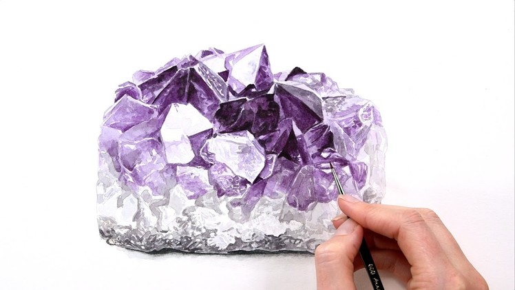 How to paint a realistic shiny Amethyst crystal in watercolour.