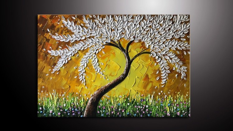 Paint a white leaves tree thick palette knife in Acrylic