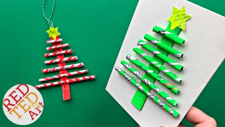 DIY Paper Straw Christmas Tree Ornament & Card DIY - Easy Newspaper DIY Ideas - Recycled Christmas