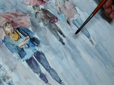 Hedwig's Art walking in the rain with umbrella watercolor