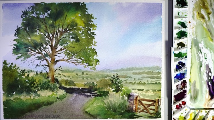 Watercolor landscape painting :a road across a field
