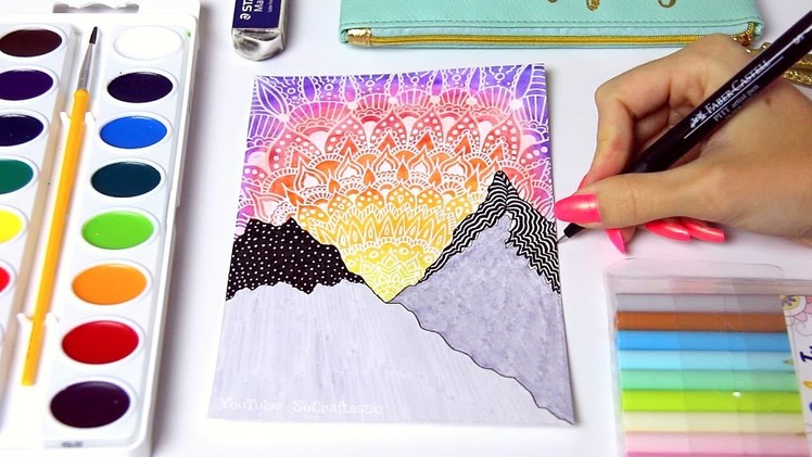 WATERCOLOR SUNSET PAINTING w. Mandala Doodles & Mountains + Chat | SoCraftastic