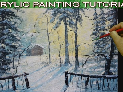 Acrylic Landscape Painting Tutorial Barn in the Snow Forest by JM Lisondra