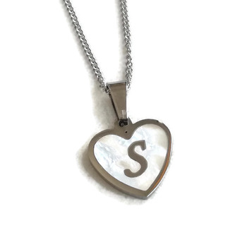 Monogram mother pearl pendant, stainless steel pendant, monogram steel pendant, mother pearl necklace, personalized heart monogram necklace