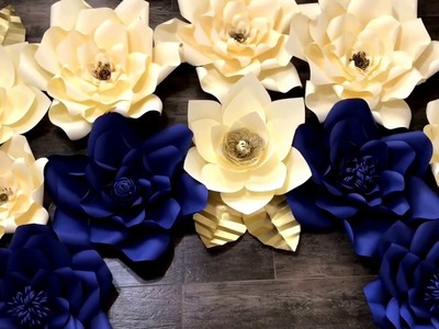 Paper flower backdrop with Navy  Blue, Cream and Gold accents. Big paper flower backdrop