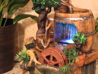 Barrels with Spinning Wheel and Color LED Lights Table Top Water Fountain