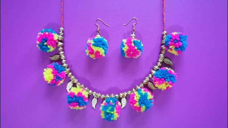 DIY || Make Pompom Necklace & Earrings (jewellery set) Step by Step at Home || by World of Artifact