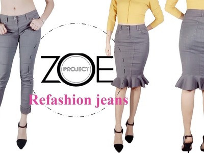 Easy DIY Jean pants to Jean Skirt refashion with Zoe diy