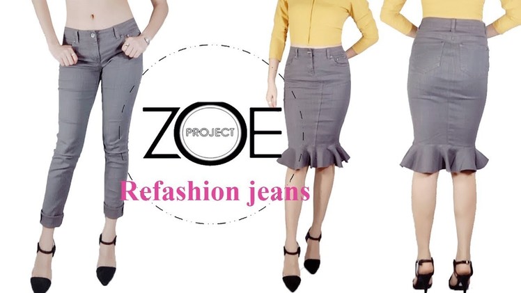Easy DIY Jean pants to Jean Skirt refashion with Zoe diy