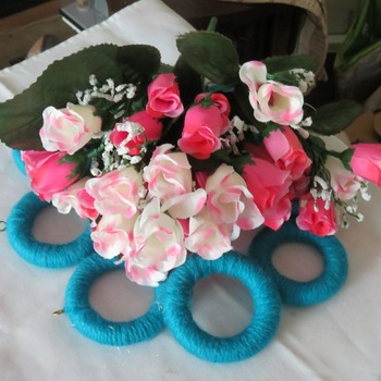 FLowers  blue  peach  white  wool  wooden curtain rings