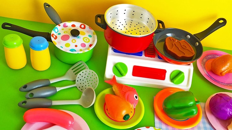 Soup cooking kitchen toy vegetables stove pots pans frying pan learn cooking colors shapes