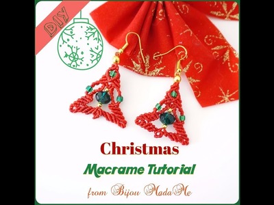 DIY macrame jewelry. How to make red Christmas tree earrings with beads.