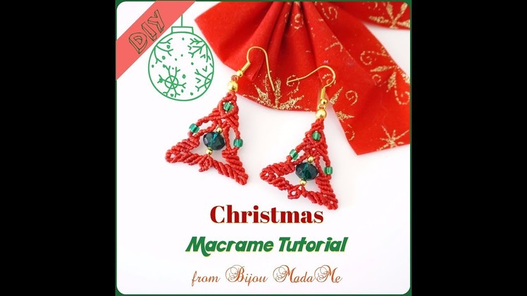 DIY macrame jewelry. How to make red Christmas tree earrings with beads.
