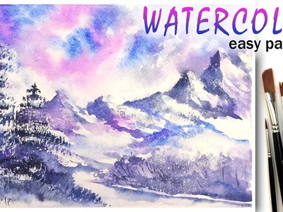 How to paint Winter LANDSCAPE! Paint with Watercolor! Snow mountains Tutorial for Beginners! EASY 如何