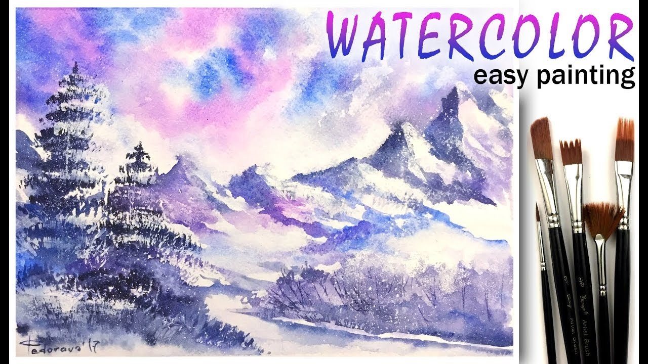 How To Paint Winter Landscape Paint With Watercolor Snow Mountains Tutorial For Beginners Easy