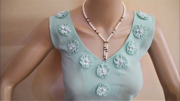 Beautiful Neck Design With Fabric Flower For Kurti.Gown.Suit Cutting And Stitching