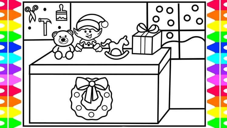 How to Draw Santa's Workshop| Cute Christmas Elf | Elf Making Toys| Santa's Workshop Coloring Page