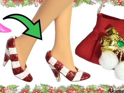 How to: Easy Candy Cane Doll Shoes and festive handbag - Barbie Shoe Makeover + Sewing Tutorial