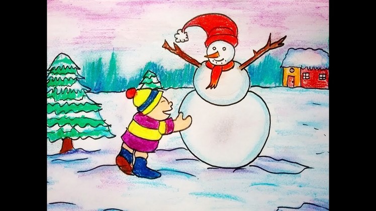 How to Draw Landscape Scenery. Snowman Drawing for kids. Happy New year scenery