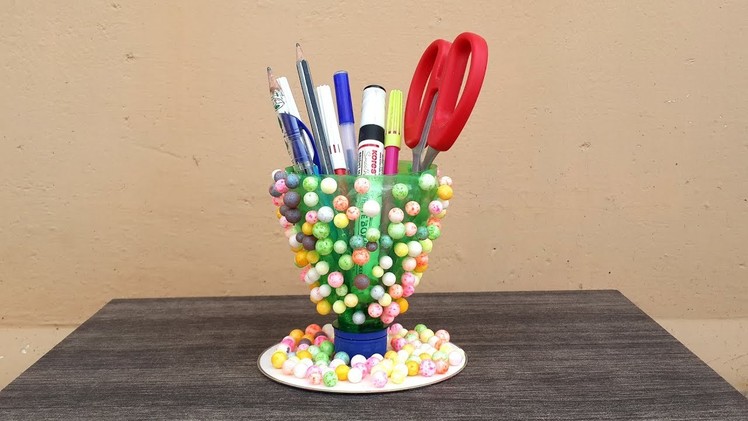 How To Make a Pen Stand using Waste Bottle & CD - Recycled Bottle Crafts