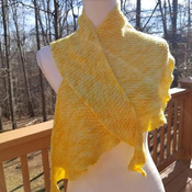 Hand knit asymmetrical shawl in hand dyed brilliant yellow of cashmere, merino wool and nylon blend.