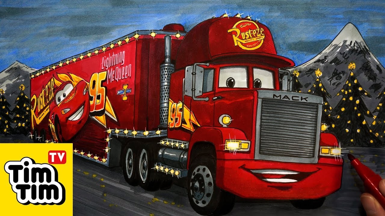 How to draw Cars 3 Mack Hauler Christmas Truck, Easy step-by-step, Art