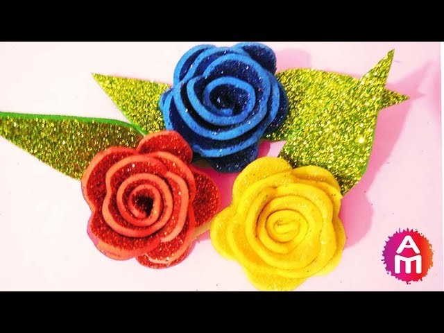 How to make realistic and easy foam sheet rose | DIY glitter foam sheet flowers step by step