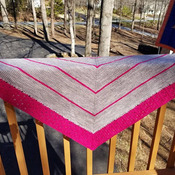 Knit shawl in two-tone gray and dark pink, lacy and striking stripes, 100 percent light worsted merino wool with merino and silk pink edge