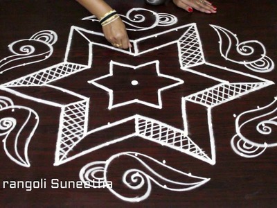 Kolam designs with 13x7 dots - easy DIY rangoli Arts and crafts step by step - muggulu designs