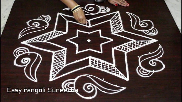 Kolam designs with 13x7 dots - easy DIY rangoli Arts and crafts step by step - muggulu designs