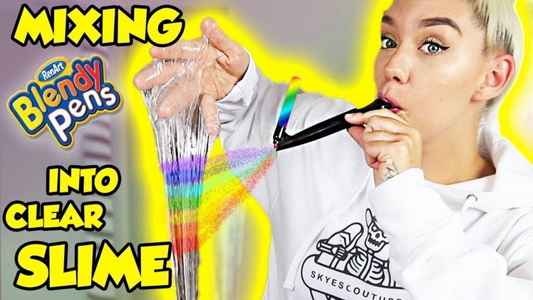 MIXING RAINBOW BLENDY PENS INTO CLEAR SLIME! SUPER SATISYING ASMR