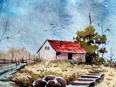 Watercolor Painting For Beginners - Village House Landscape Tutorial