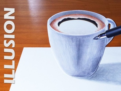 3D drawing : how to draw cup of coffee 3D illusion on paper, trick art black coffee