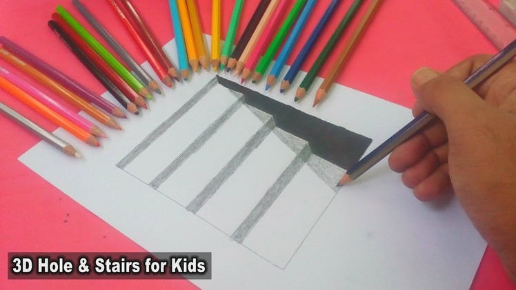 3D Very Easy drawing!! How To Draw 3D Hole & Stairs for Kids - Step By Step - 3D Trick Art on paper