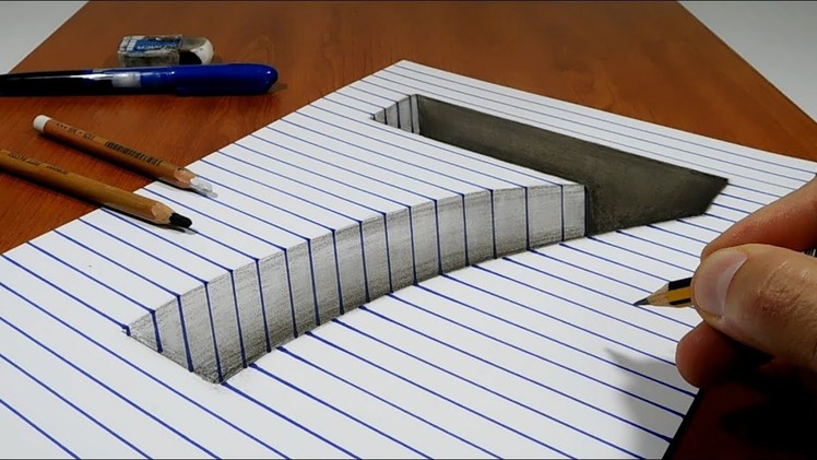 Draw a number 7 Hole on Line Paper   3D Trick Art