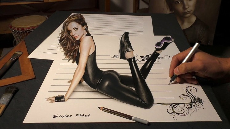 Drawing of Woman. realistic optical illusion. 3D Trick Art