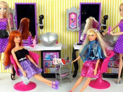 Elsa & Rapunzel Barbie Beauty Salon - Doll Hair Wash, DIY Cut and Hair style Color Change
