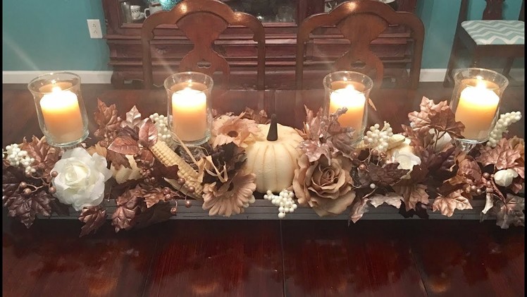 Long slim off white and copper colored fall centerpiece DIY