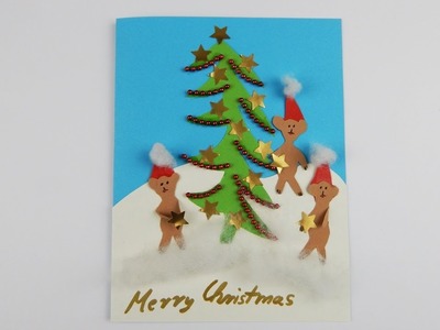 Vintage Christmas Greeting card with teddy bears DIY Scrapbooking Xmas card teddy bear