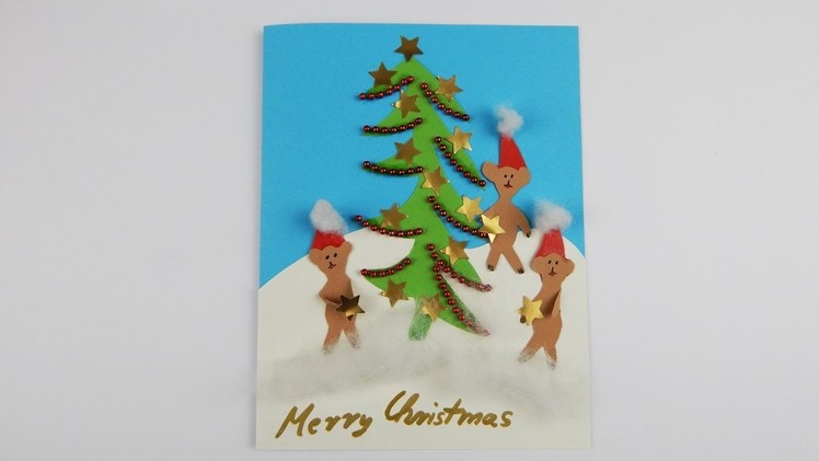 Vintage Christmas Greeting card with teddy bears DIY Scrapbooking Xmas card teddy bear