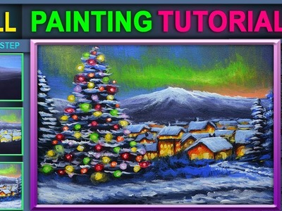 Acrylic winter snow landscape painting with Christmas tree and city during sunset night with aurora